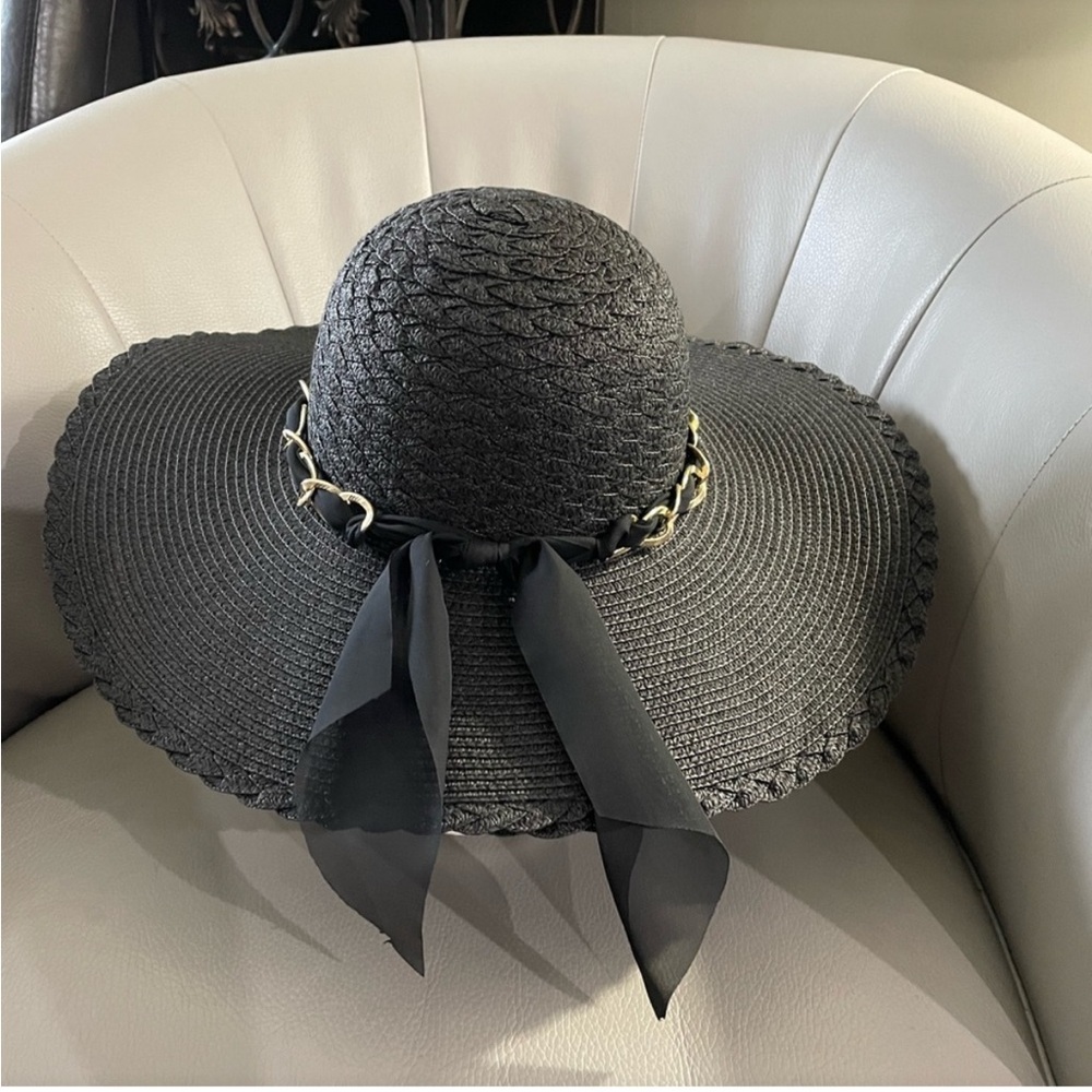 Marcus Adler New York black floppy hat with gold chain and sheer scarf accent